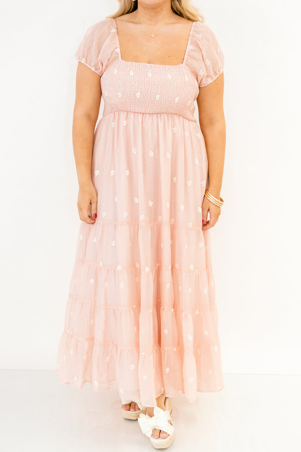 Chic Soul plus size clothing, rose tiered maxi dress with a square smocked neckline bubble sleeves and floral embroidery details throughout 