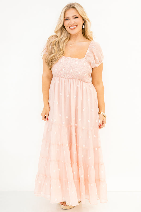 Chic Soul plus size clothing, rose tiered maxi dress with a square smocked neckline bubble sleeves and floral embroidery details throughout 