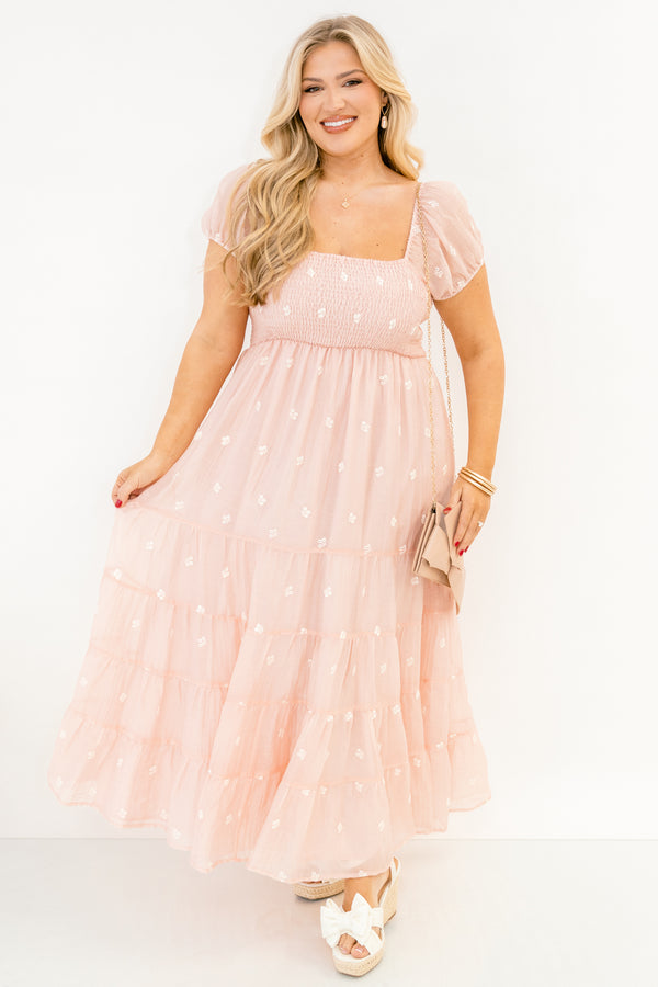 Chic Soul plus size clothing, rose tiered maxi dress with a square smocked neckline bubble sleeves and floral embroidery details throughout 