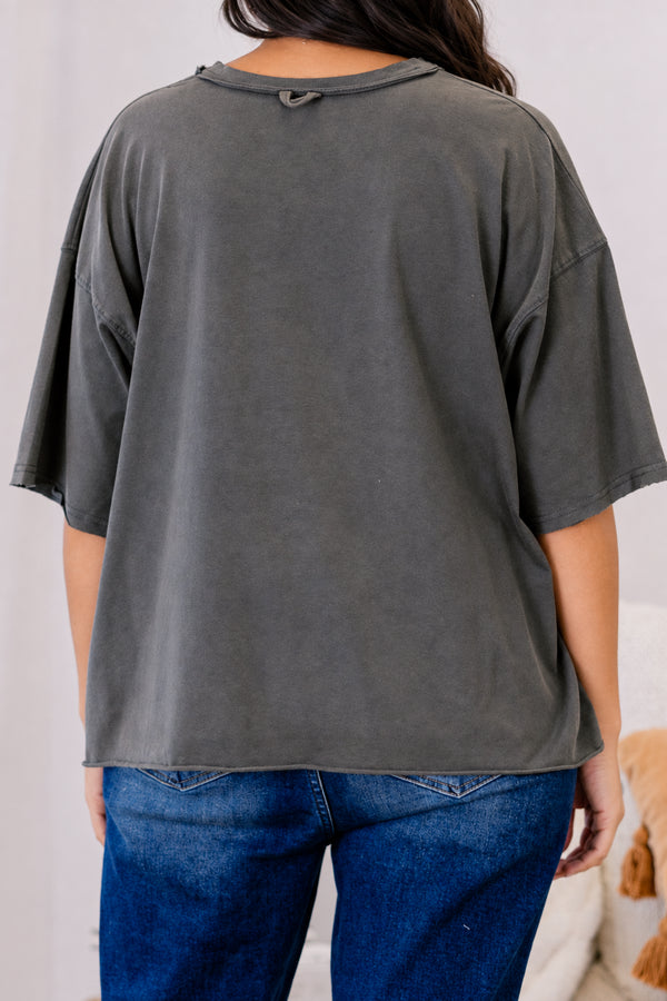 Chic Soul plus size clothing, charcoal grey slightly cropped short sleeve tee with “Pumpkin Season” written on the front and a pumpkin with a bow in the middle