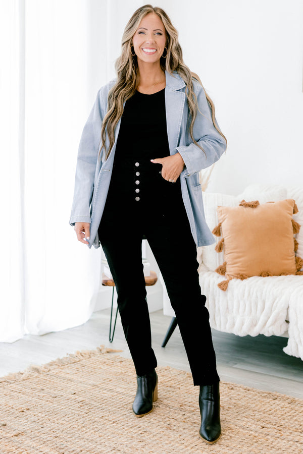Chic Soul plus size clothing, light blue collared blazer with front pockets and buttons down the front