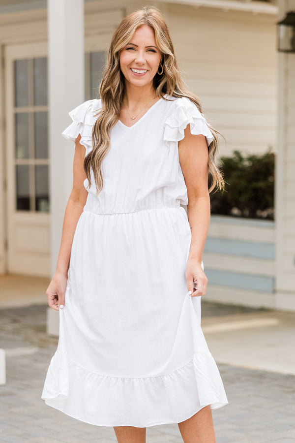 Plus Size white midi dress with flutter sleeves, a v-neckline, and an elastic waist.