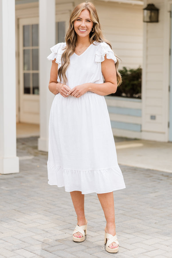 Plus Size white midi dress with flutter sleeves, a v-neckline, and an elastic waist.