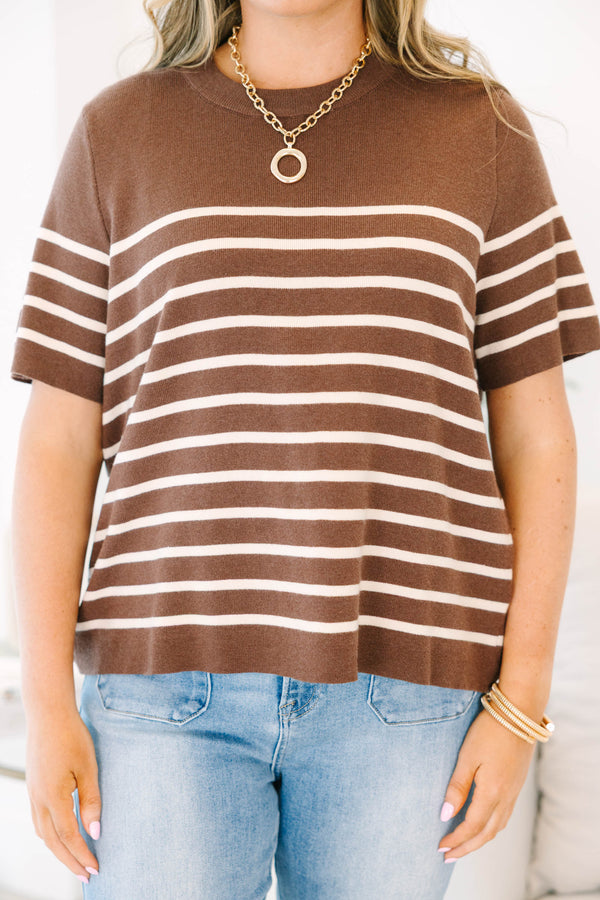 Plus Size brown and white horizontal striped short sleeve knit sweater with a crew neckline.