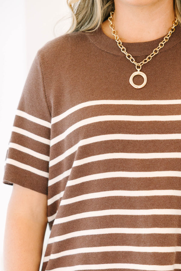 Plus Size brown and white horizontal striped short sleeve knit sweater with a crew neckline.