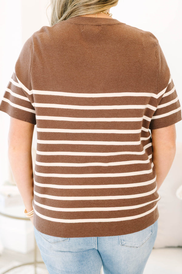 Plus Size brown and white horizontal striped short sleeve knit sweater with a crew neckline.