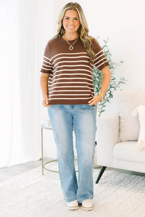 Plus Size brown and white horizontal striped short sleeve knit sweater with a crew neckline.