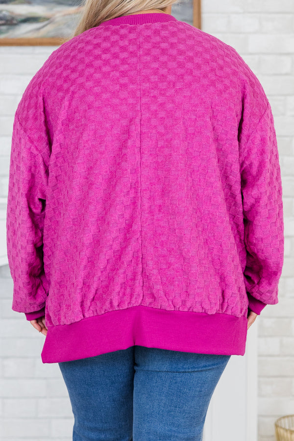 Chic Soul plus size clothing, purple long sleeve sweater with same colored checker pattern