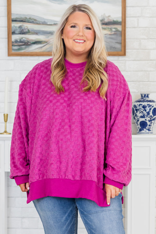 Chic Soul plus size clothing, purple long sleeve sweater with same colored checker pattern
