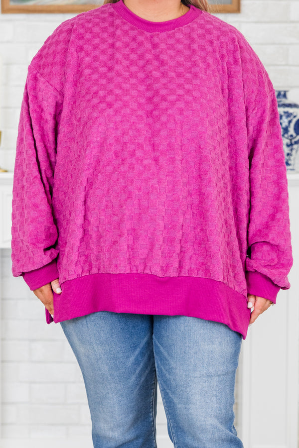 Chic Soul plus size clothing, purple long sleeve sweater with same colored checker pattern