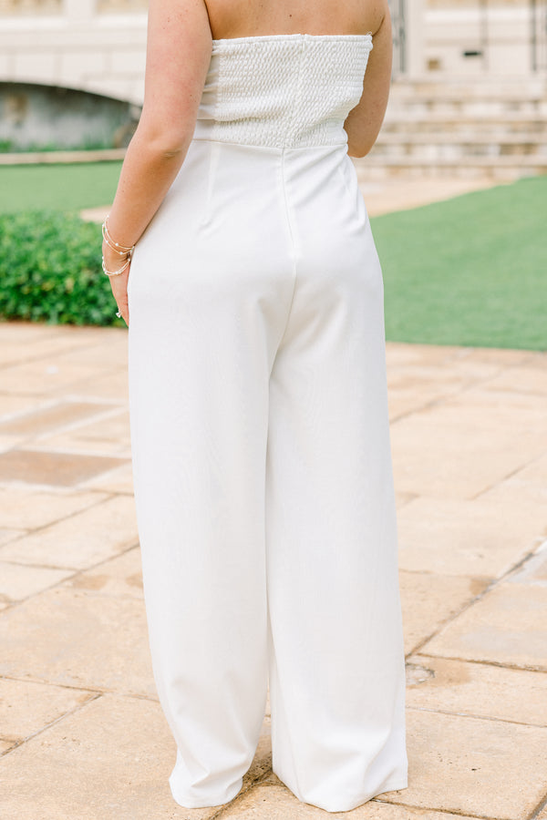 Chic Soul plus size clothing, solid white sleeveless jumpsuit with pleated top