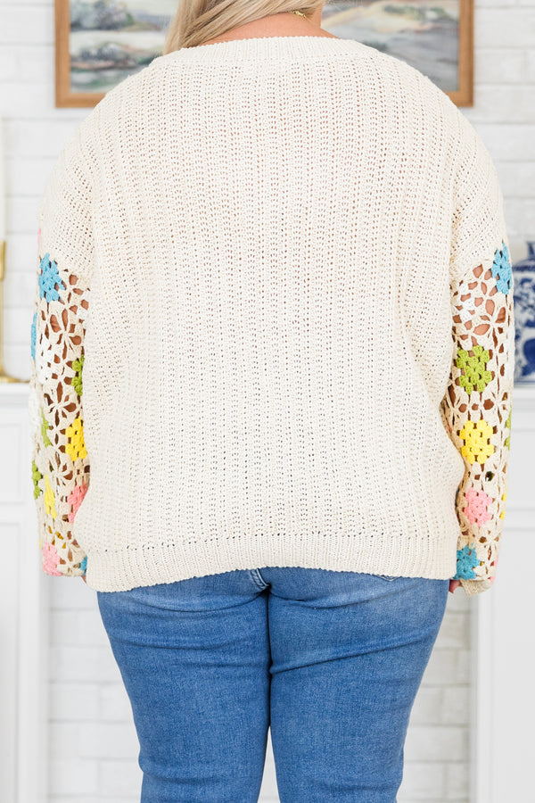 Chic Soul plus size clothing, cream knit sweater with pastel colored crochet sleeves