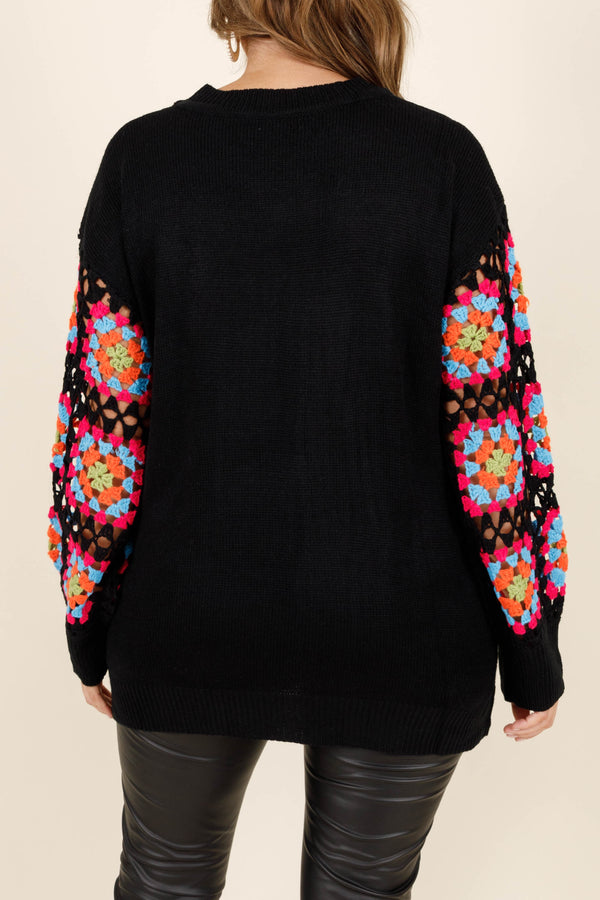 Chic Soul plus size clothing, black sweater with a multicolored knitted design on the sleeves