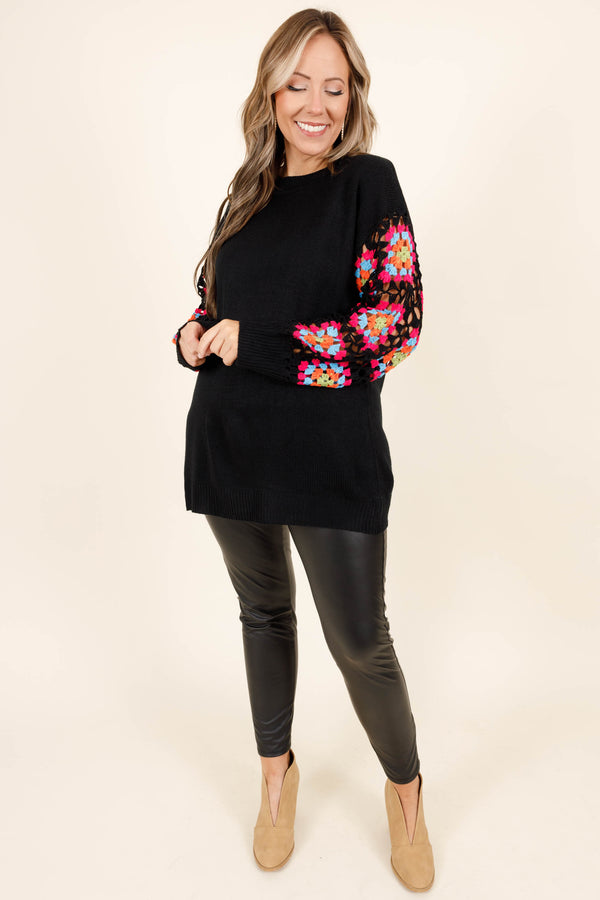 Chic Soul plus size clothing, black sweater with a multicolored knitted design on the sleeves