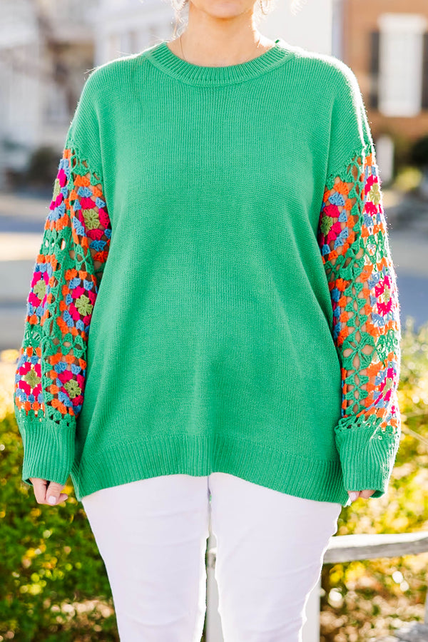 Chic Soul Plus size clothing, kelly green knit sweater with crochet multicolor long sleeves