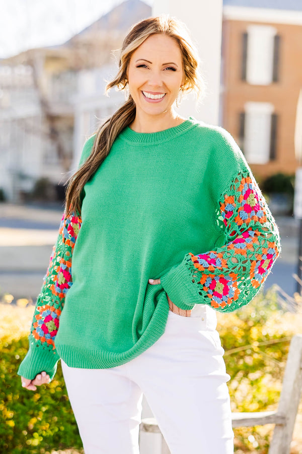 Chic Soul Plus size clothing, kelly green knit sweater with crochet multicolor long sleeves
