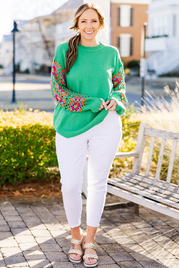 Chic Soul Plus size clothing, kelly green knit sweater with crochet multicolor long sleeves