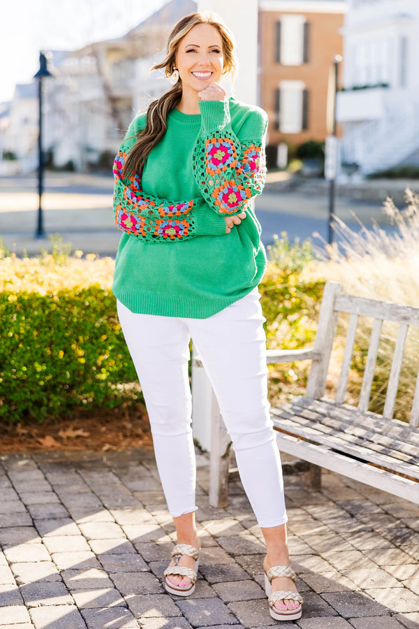 Chic Soul Plus size clothing, kelly green knit sweater with crochet multicolor long sleeves