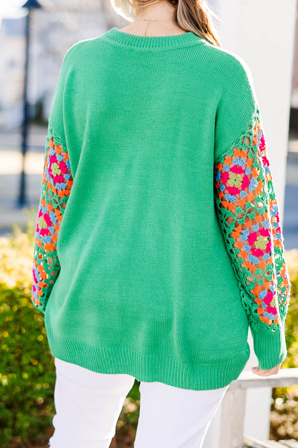 Chic Soul Plus size clothing, kelly green knit sweater with crochet multicolor long sleeves