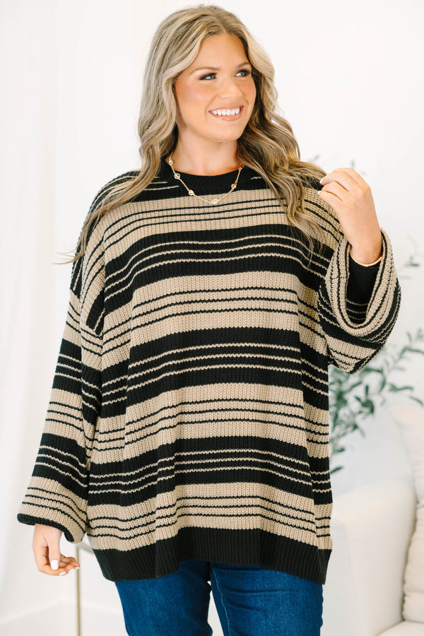 Plus Size oversized black and tan striped knit sweater with a crew neck and wide long sleeves.