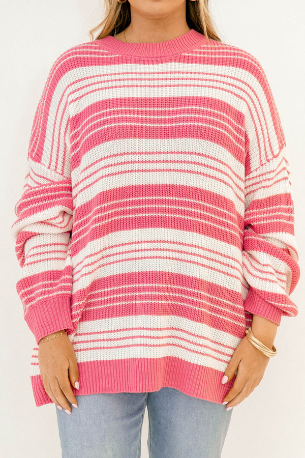 Chic Soul plus size clothing, hot pink and white horizontal striped oversized sweater with different thicknesses of stripes 