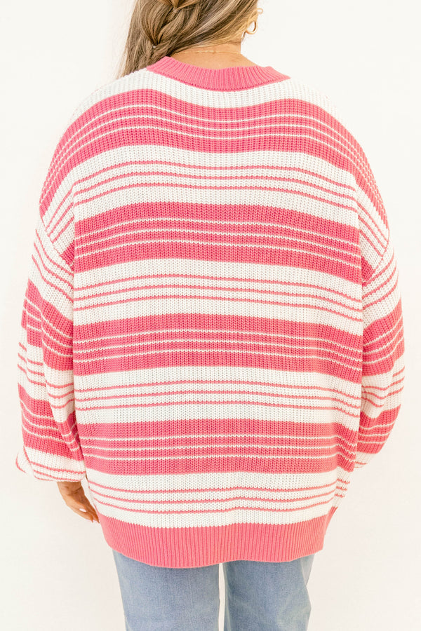 Chic Soul plus size clothing, hot pink and white horizontal striped oversized sweater with different thicknesses of stripes 