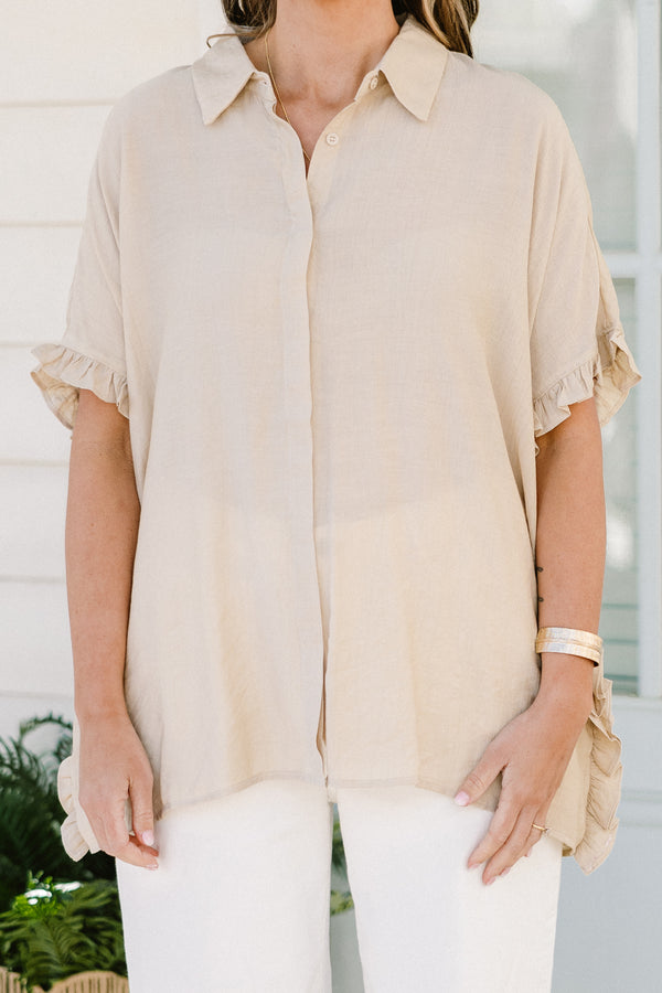 Chic Soul plus size clothing, natural beige short sleeve button down top with collar and flowy flutter sleeves