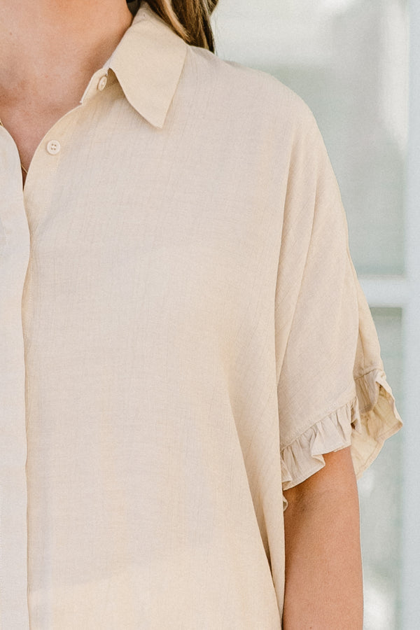 Chic Soul plus size clothing, natural beige short sleeve button down top with collar and flowy flutter sleeves