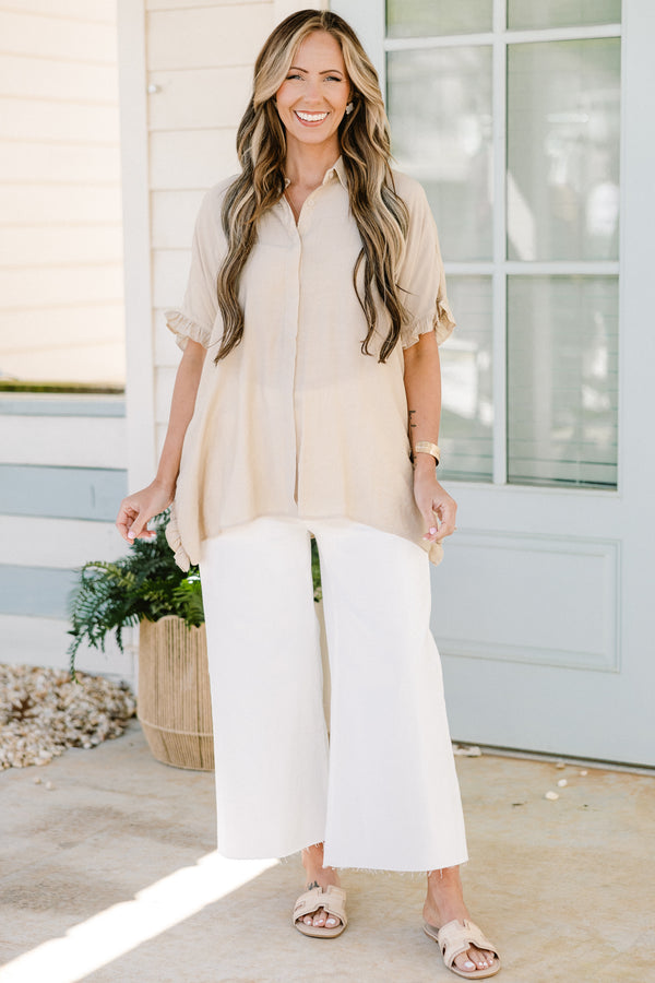 Chic Soul plus size clothing, natural beige short sleeve button down top with collar and flowy flutter sleeves
