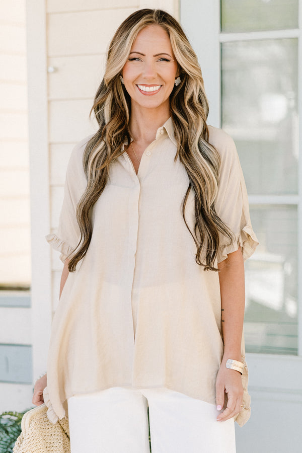 Chic Soul plus size clothing, natural beige short sleeve button down top with collar and flowy flutter sleeves