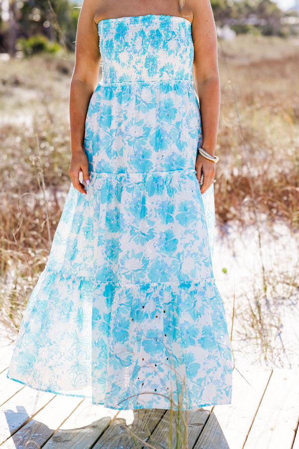 Chic Soul plus size clothing, strapless ruffled tiered white maxi dress with a bright light blue floral pattern with a smocked bodice 