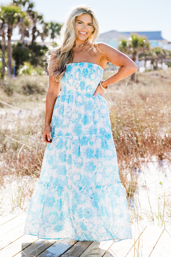 Chic Soul plus size clothing, strapless ruffled tiered white maxi dress with a bright light blue floral pattern with a smocked bodice 