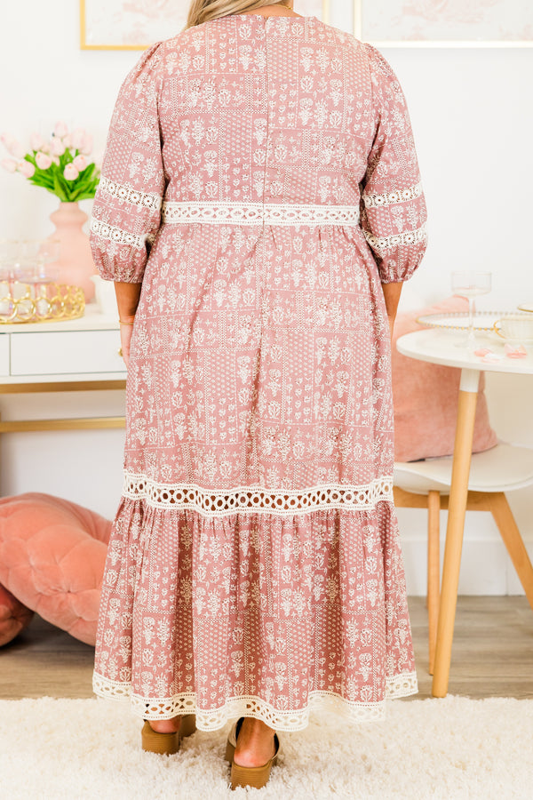 Chic Soul plus size clothing, pink tiered maxi dress with white floral pattern and white lace details and cuffed bubble sleeves
