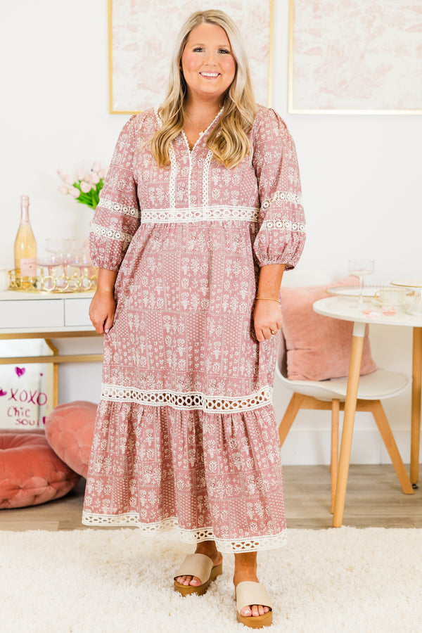 Chic Soul plus size clothing, pink tiered maxi dress with white floral pattern and white lace details and cuffed bubble sleeves