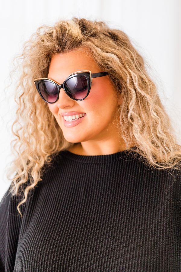 Chic Soul plus size clothing, black cat eye shaped sunglasses with gold detailing