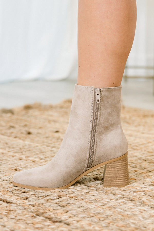 Chic Soul plus size clothing, taupe suede round toe ankle booties with wood block heel 