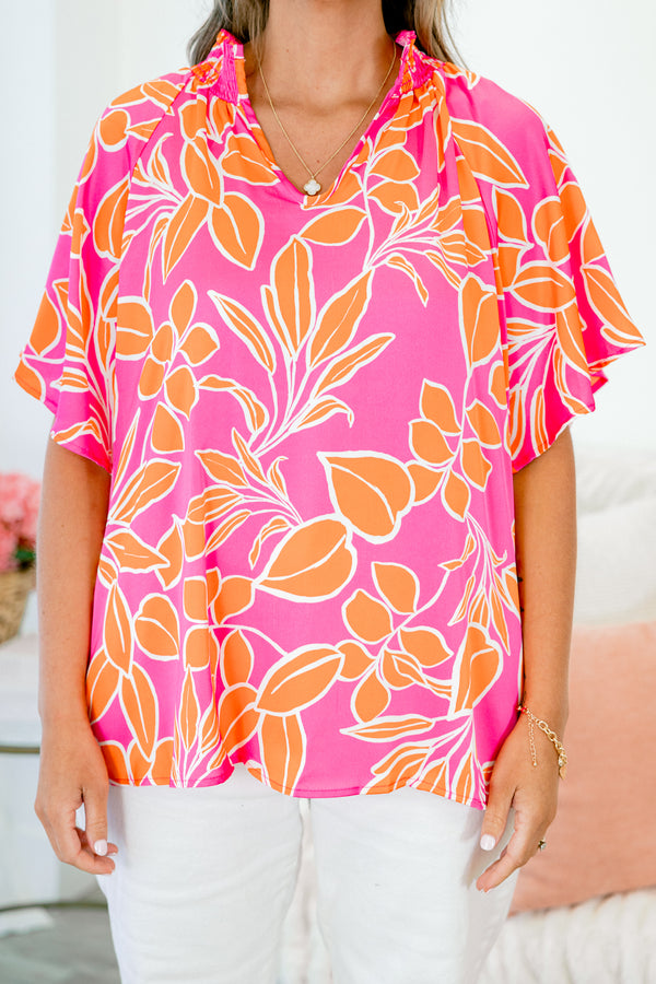Chic Soul plus size clothing, orange and pink floral short sleeve top