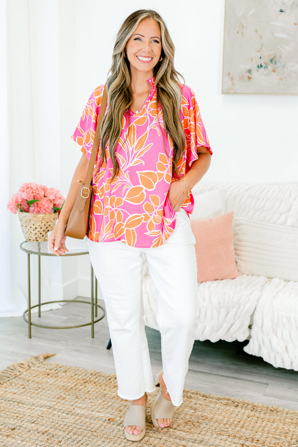 Chic Soul plus size clothing, orange and pink floral short sleeve top