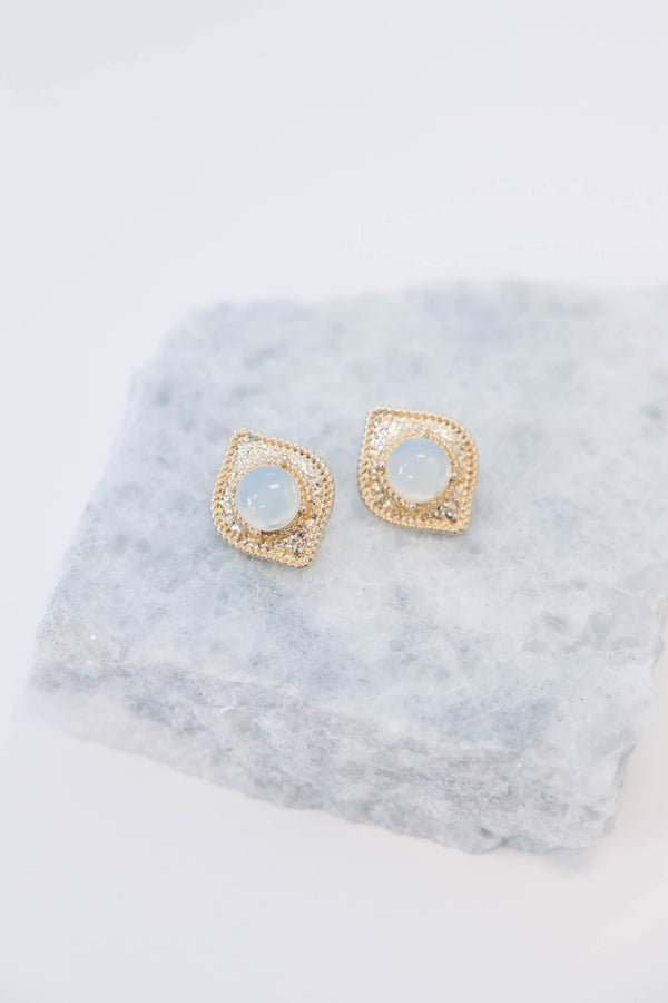 Plus Size gold-plated stud earrings with a luminous moonstone center and textured square frame.