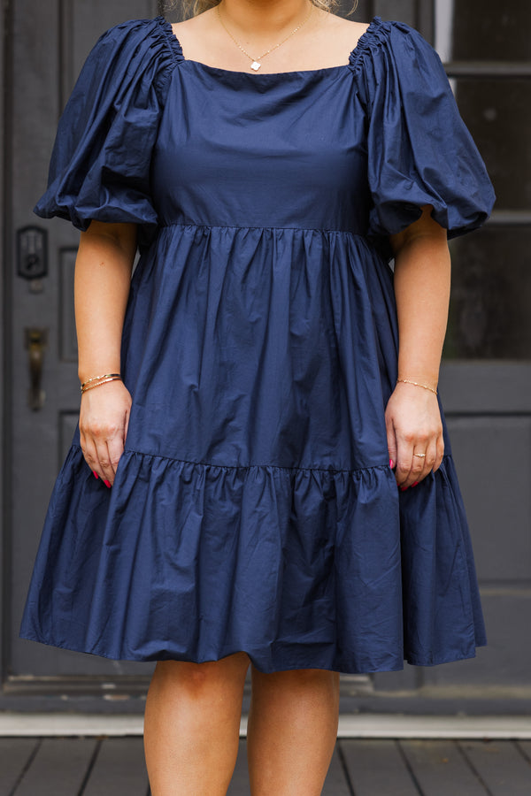 Chic Soul plus size clothing, navy blue short sleeve mini dress with puff sleeves and square neckline with tiered detail