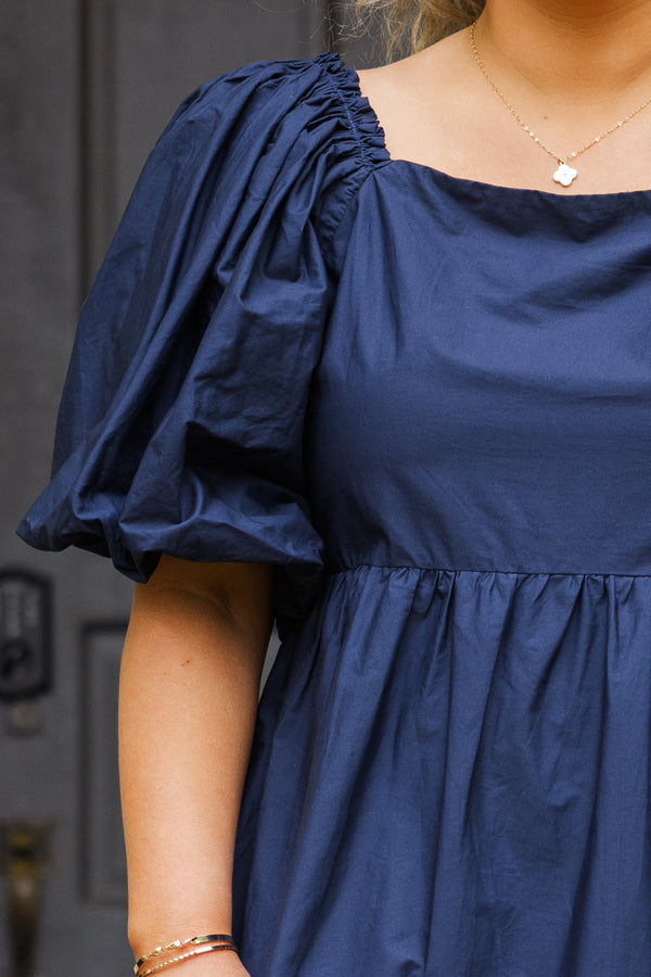 Chic Soul plus size clothing, navy blue short sleeve mini dress with puff sleeves and square neckline with tiered detail