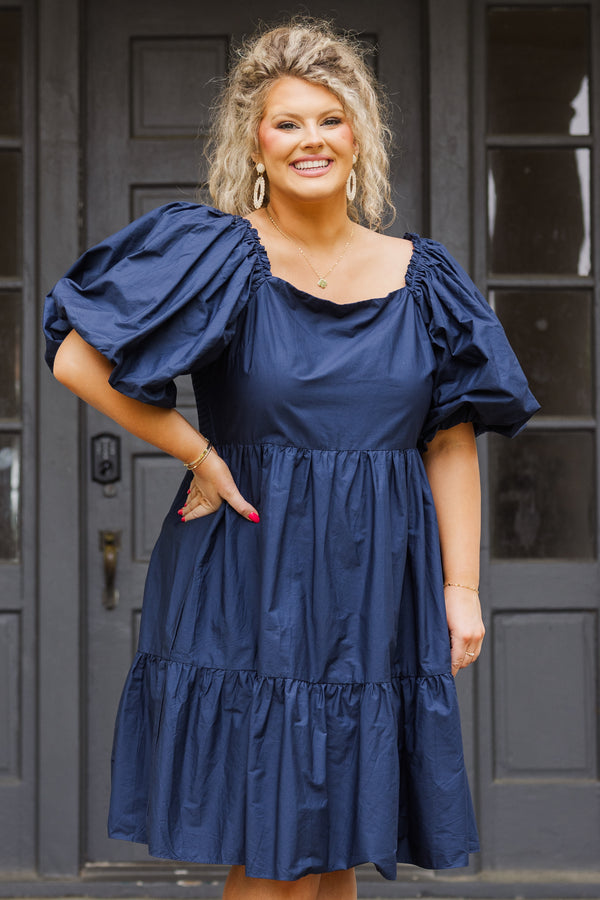 Chic Soul plus size clothing, navy blue short sleeve mini dress with puff sleeves and square neckline with tiered detail