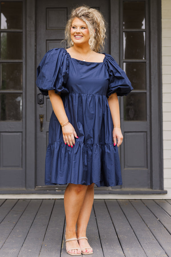 Chic Soul plus size clothing, navy blue short sleeve mini dress with puff sleeves and square neckline with tiered detail