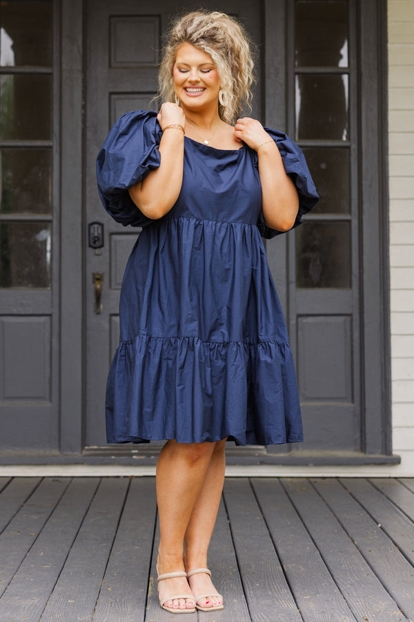 Chic Soul plus size clothing, navy blue short sleeve mini dress with puff sleeves and square neckline with tiered detail