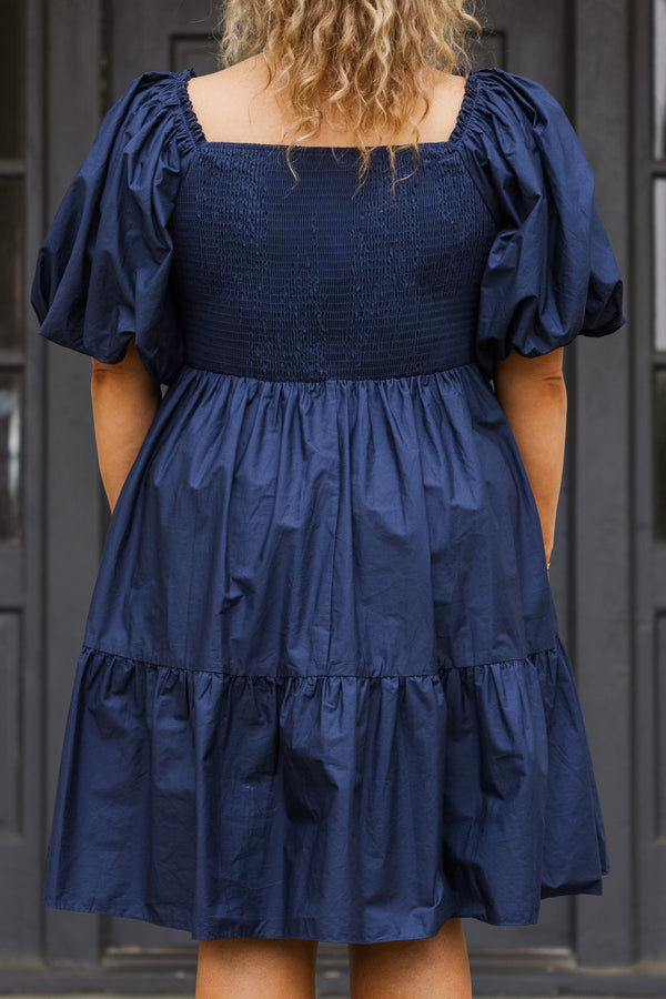 Chic Soul plus size clothing, navy blue short sleeve mini dress with puff sleeves and square neckline with tiered detail