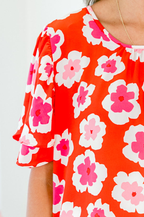 Chic Soul plus size clothing, short sleeve red top with white and pink floral pattern