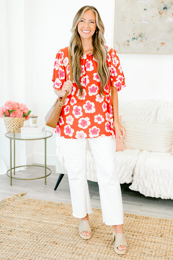 Chic Soul plus size clothing, short sleeve red top with white and pink floral pattern