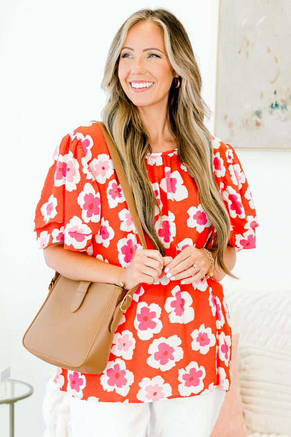 Chic Soul plus size clothing, short sleeve red top with white and pink floral pattern