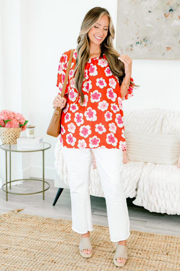 Chic Soul plus size clothing, short sleeve red top with white and pink floral pattern
