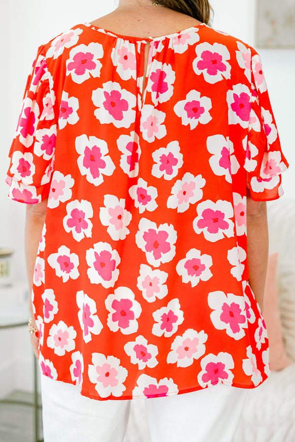 Chic Soul plus size clothing, short sleeve red top with white and pink floral pattern